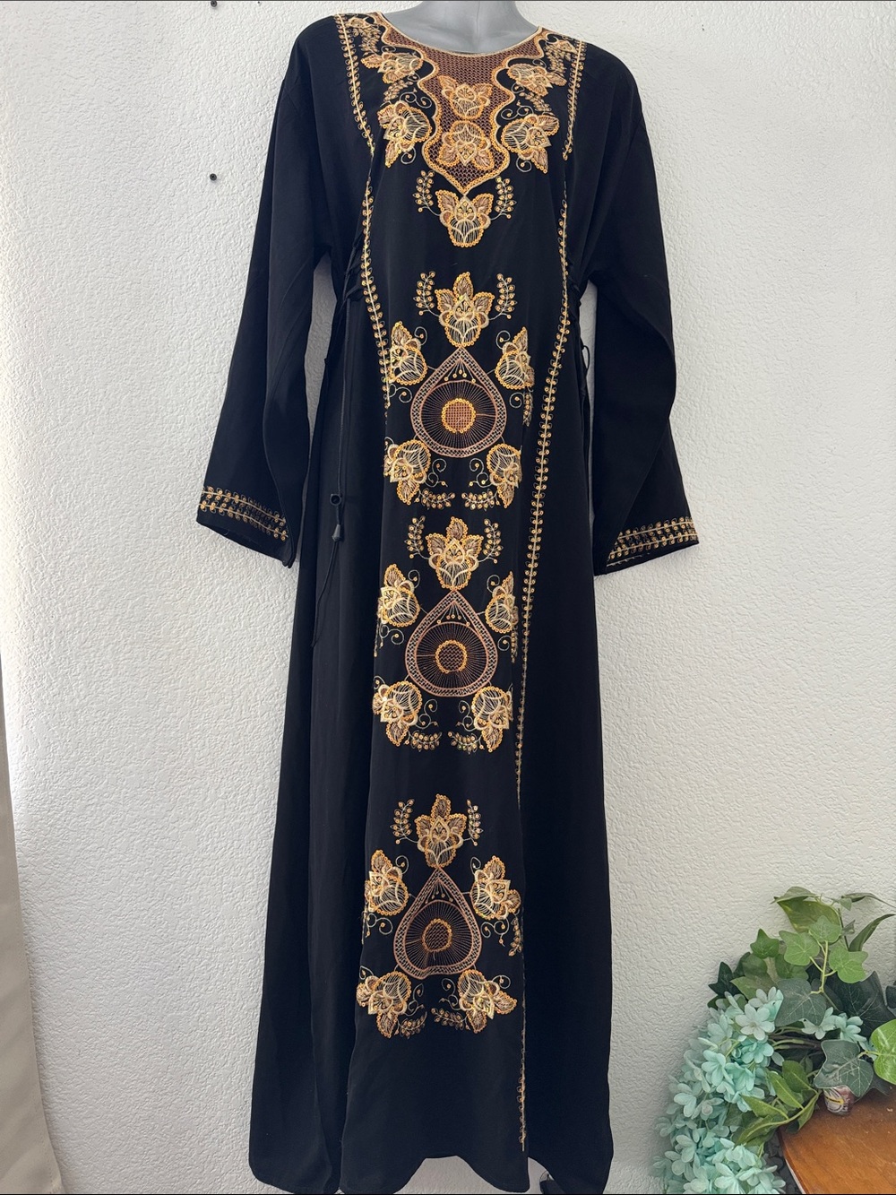 Black Long Sleeve Embroidered Maxi Dress with Gold Accents